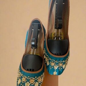 Blue and Gold Embroidered Flats with Ornate Design
